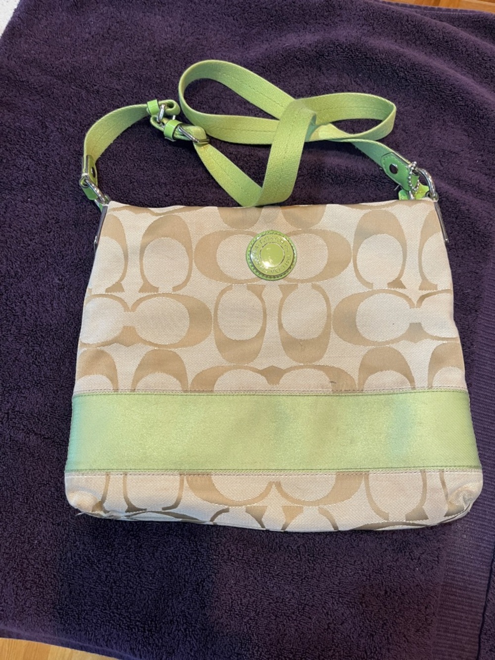 Coach Beige Signature Canvas Crossbody with Lime Green Trim